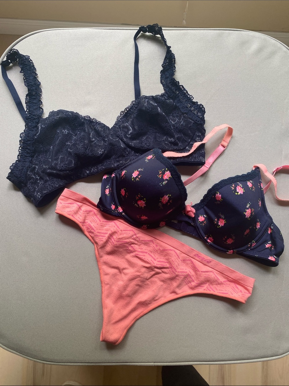Aerie Floral Push-Up Bra 34B, Bralette M and Thong M - Navy